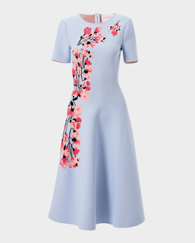 Floral Jacquard Short-Sleeve Flare Dress